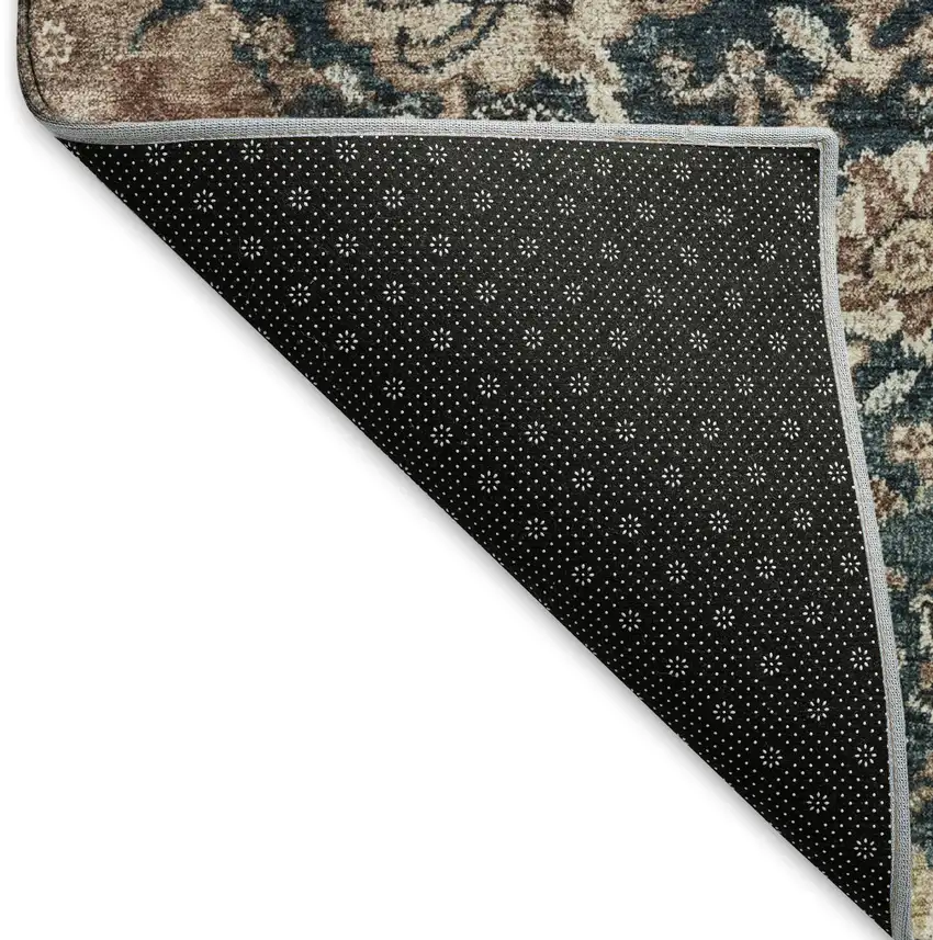 8' Taupe Teal And Brown Floral Washable Area Rug With UV Protection Photo 6