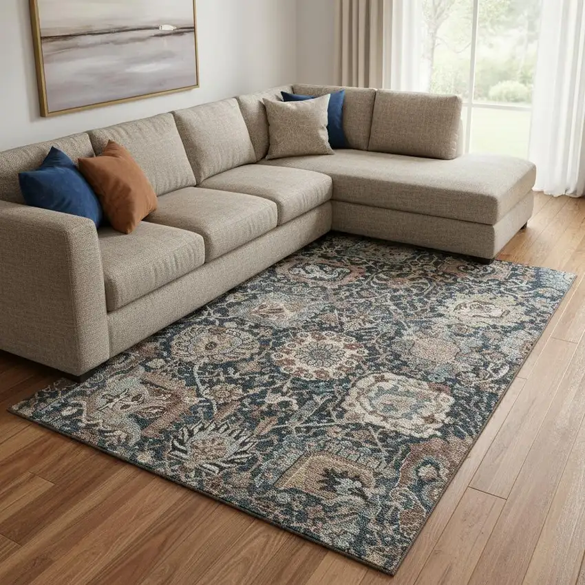 8' Taupe Teal And Brown Floral Washable Area Rug With UV Protection Photo 2