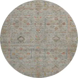 Photo of 8' Taupe Teal And Coral Floral Washable Round Rug With UV Protection