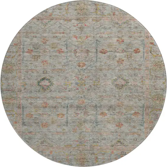 8' Taupe Teal And Coral Floral Washable Round Rug With UV Protection Photo 1