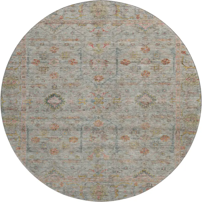 8' Taupe Teal And Coral Floral Washable Round Rug With UV Protection Photo 1