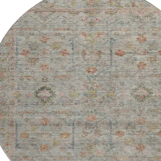 8' Taupe Teal And Coral Floral Washable Round Rug With UV Protection Photo 2