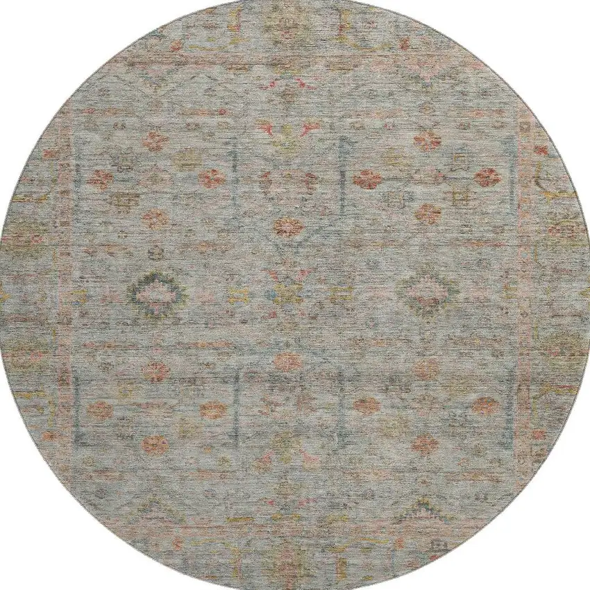 8' Taupe Teal And Coral Floral Washable Round Rug With UV Protection Photo 3