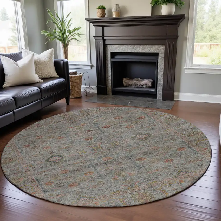 8' Taupe Teal And Coral Floral Washable Round Rug With UV Protection Photo 4