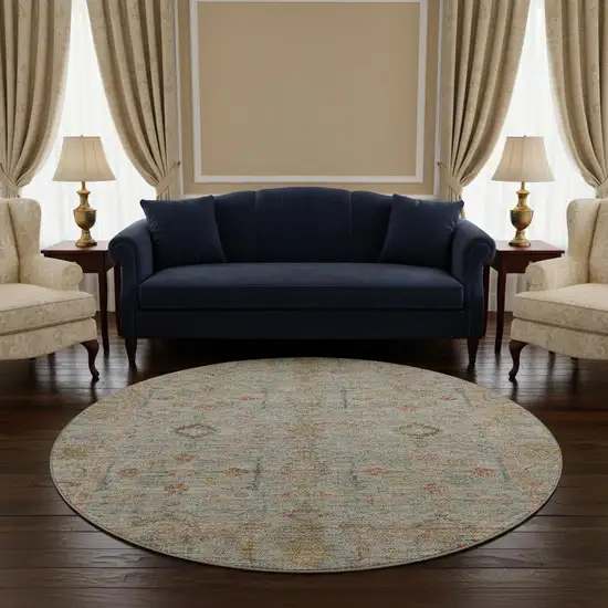 8' Taupe Teal And Coral Floral Washable Round Rug With UV Protection Photo 2