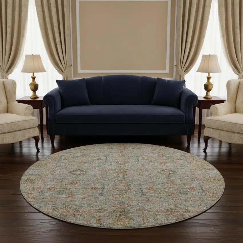 8' Taupe Teal And Coral Floral Washable Round Rug With UV Protection Photo 2