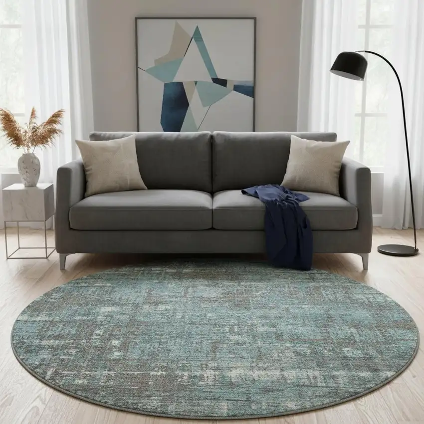 8' Taupe Teal And Ivory Geometric Washable Round Rug With UV Protection Photo 2