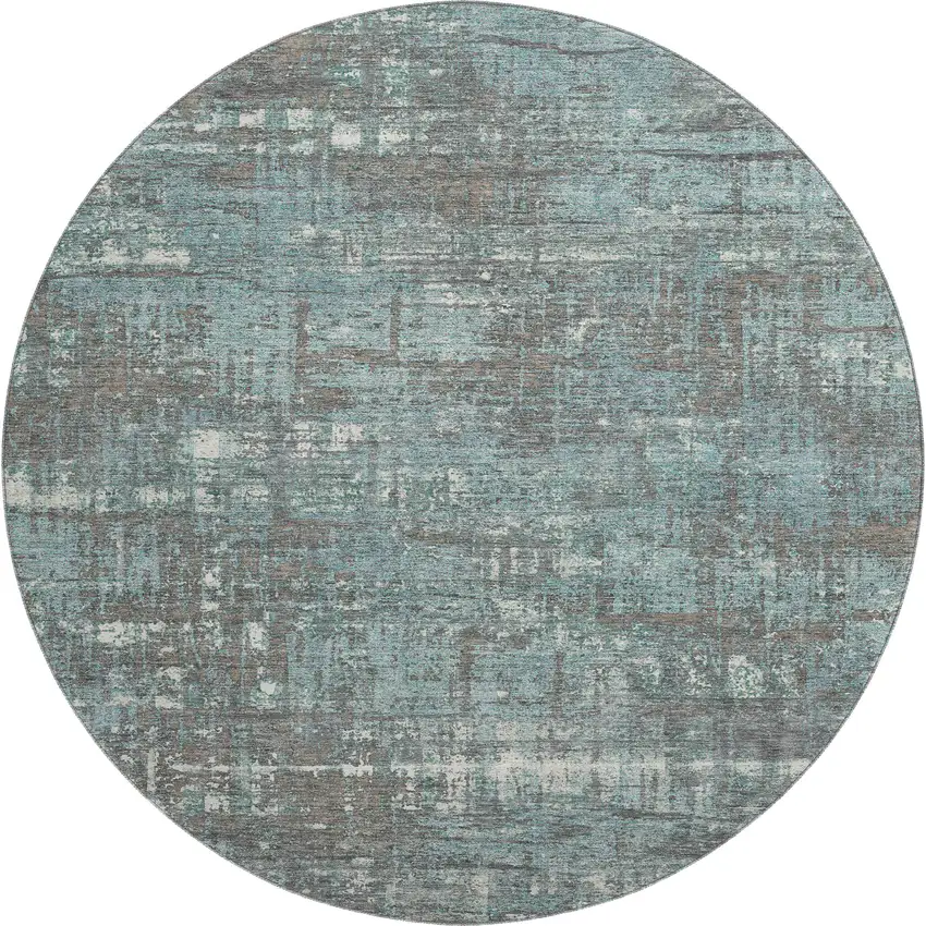 8' Taupe Teal And Ivory Geometric Washable Round Rug With UV Protection Photo 1