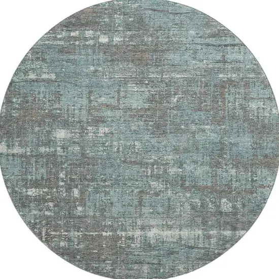 8' Taupe Teal And Ivory Geometric Washable Round Rug With UV Protection Photo 4