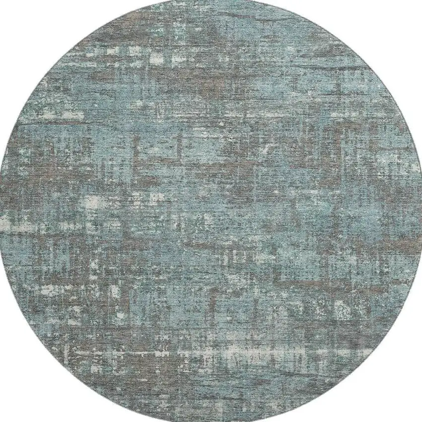 8' Taupe Teal And Ivory Geometric Washable Round Rug With UV Protection Photo 4