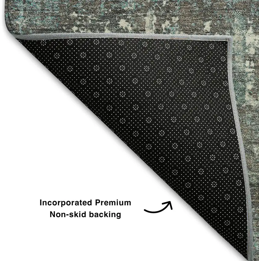 8' Taupe Teal And Ivory Geometric Washable Round Rug With UV Protection Photo 6