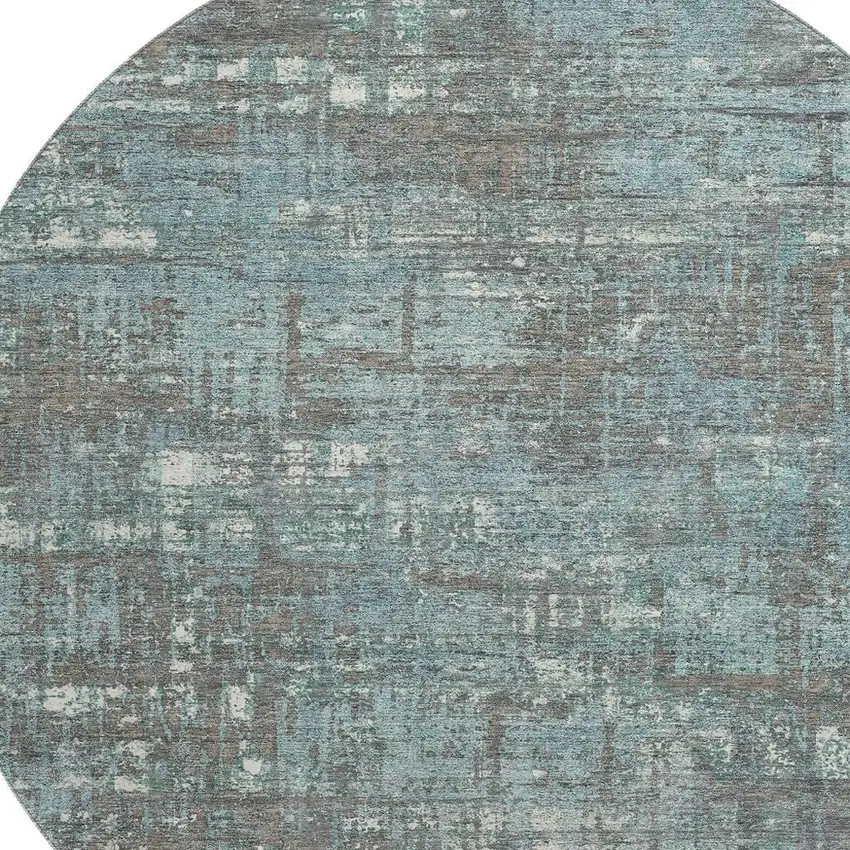 8' Taupe Teal And Ivory Geometric Washable Round Rug With UV Protection Photo 3