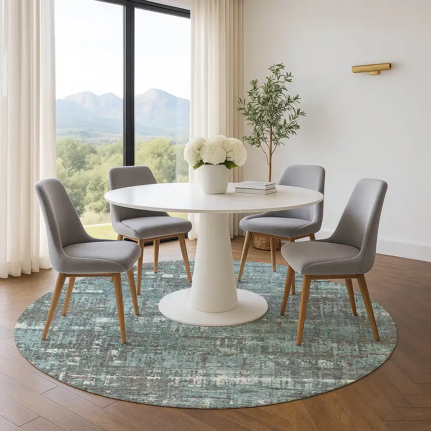 8' Taupe Teal And Ivory Geometric Washable Round Rug With UV Protection Photo 5