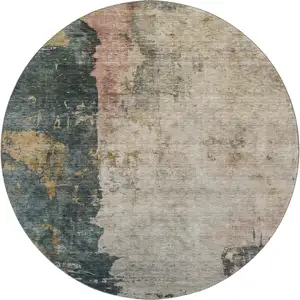 Photo of 8' Taupe Teal And Pink Abstract Washable Round Rug With UV Protection