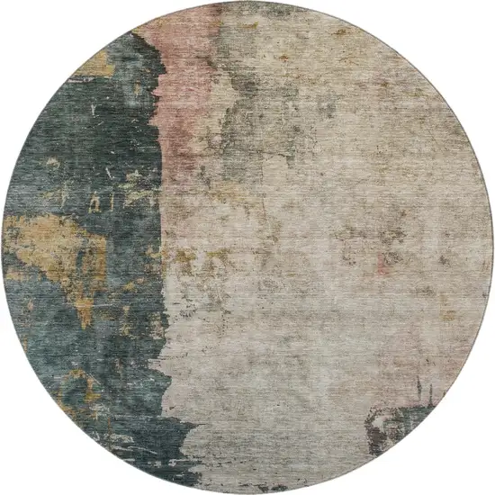 8' Taupe Teal And Pink Abstract Washable Round Rug With UV Protection Photo 1