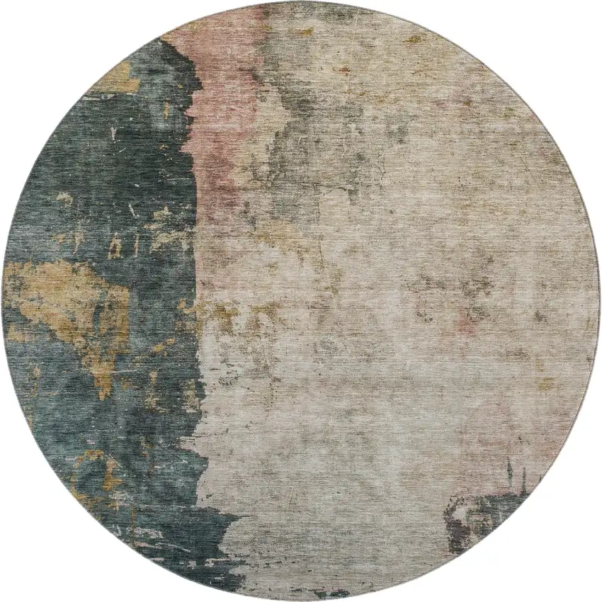 8' Taupe Teal And Pink Abstract Washable Round Rug With UV Protection Photo 1