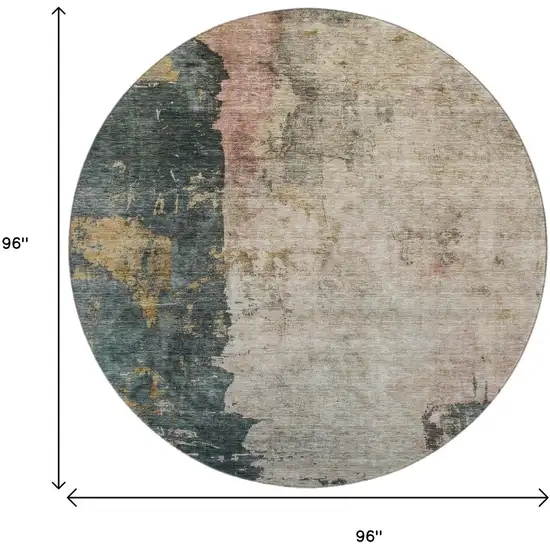 8' Taupe Teal And Pink Abstract Washable Round Rug With UV Protection Photo 9