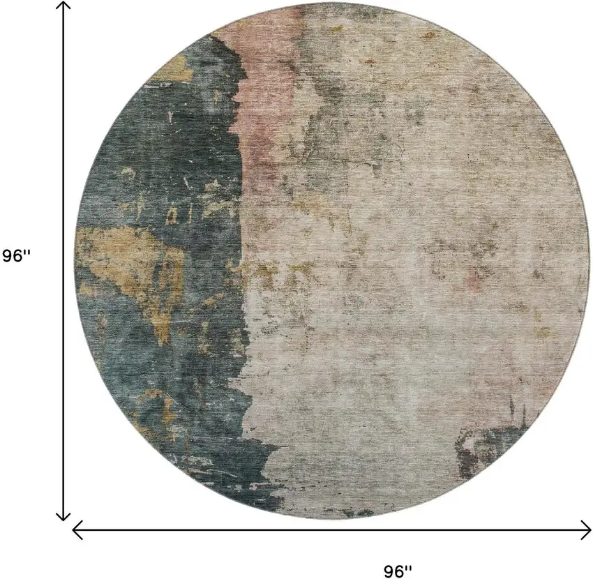 8' Taupe Teal And Pink Abstract Washable Round Rug With UV Protection Photo 9