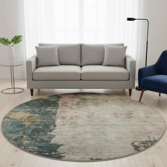 8' Taupe Teal And Pink Abstract Washable Round Rug With UV Protection Photo 2