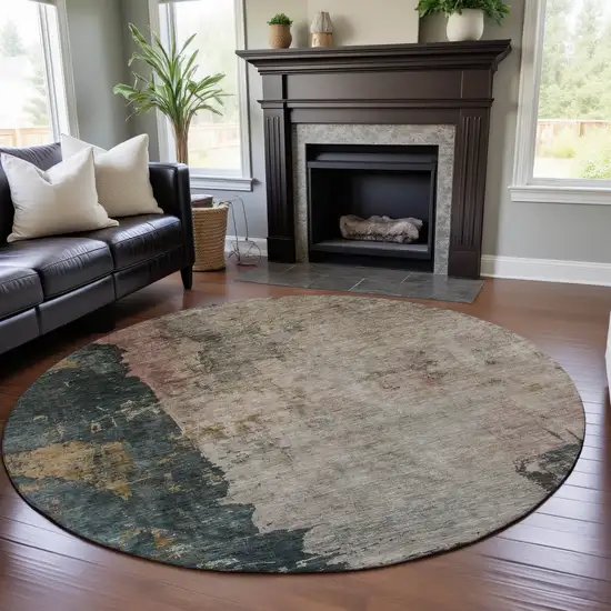 8' Taupe Teal And Pink Abstract Washable Round Rug With UV Protection Photo 4