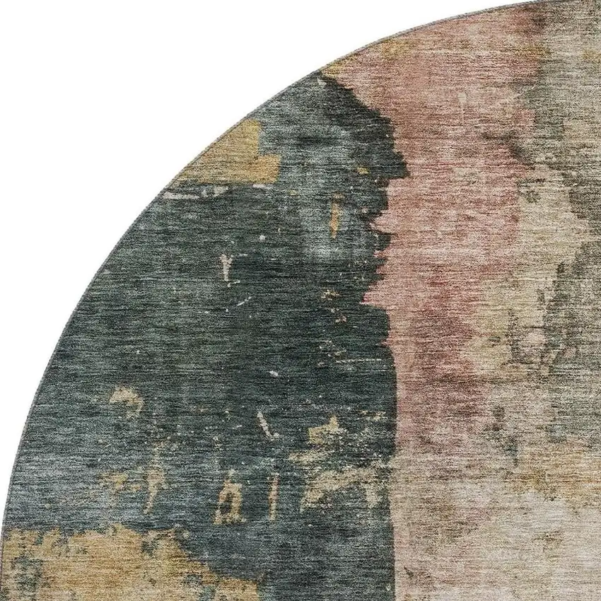 8' Taupe Teal And Pink Abstract Washable Round Rug With UV Protection Photo 3