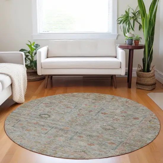 8' Taupe Terra Cotta And Tan Round Floral Washable Indoor Outdoor Area Rug Photo 9
