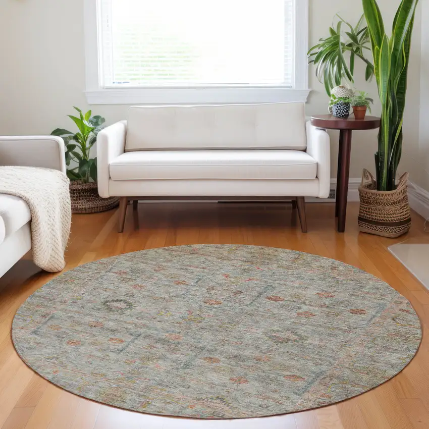 8' Taupe Terra Cotta And Tan Round Floral Washable Indoor Outdoor Area Rug Photo 9