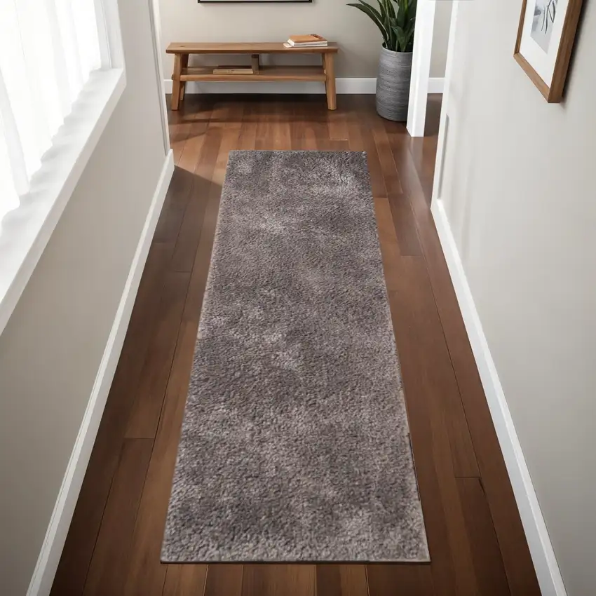 8' Taupe Shag Handmade Runner Rug Photo 1