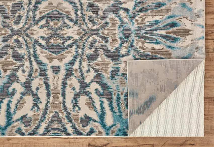 8' Taupe and Blue Abstract Power Loom Runner Rug Photo 4