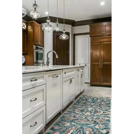 8' Taupe and Blue Abstract Power Loom Runner Rug Photo 9