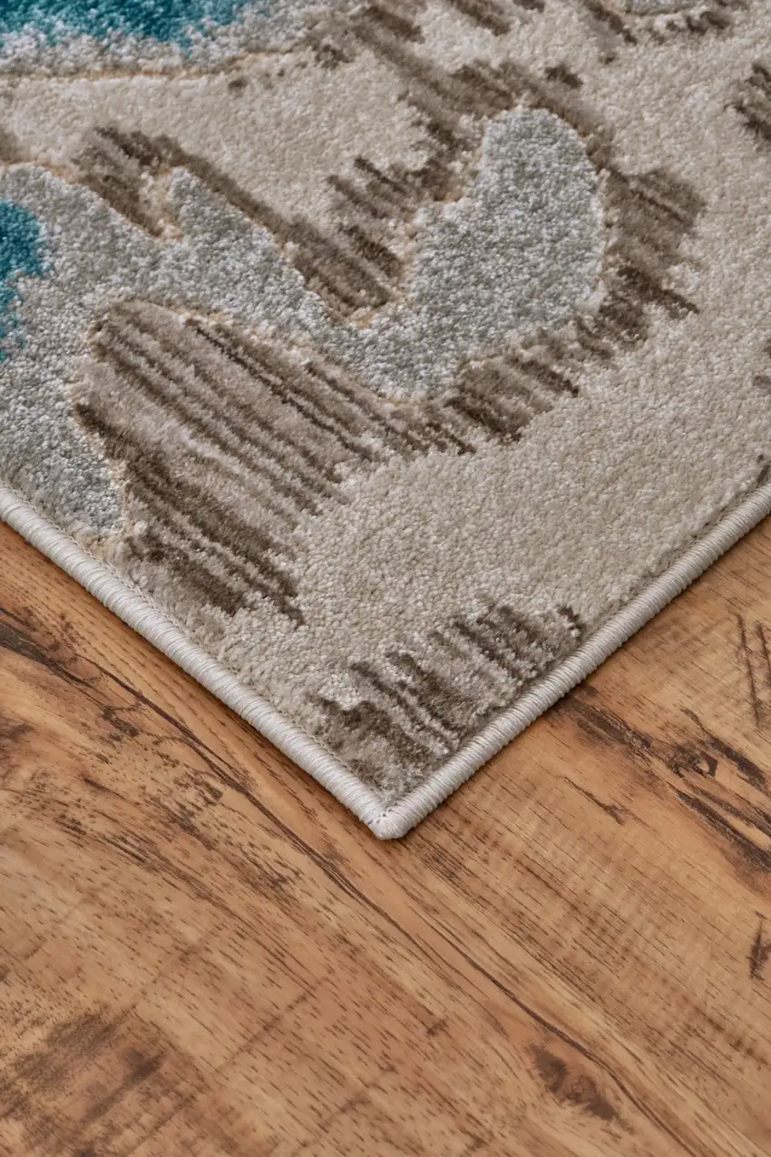 8' Taupe and Blue Abstract Power Loom Runner Rug Photo 5