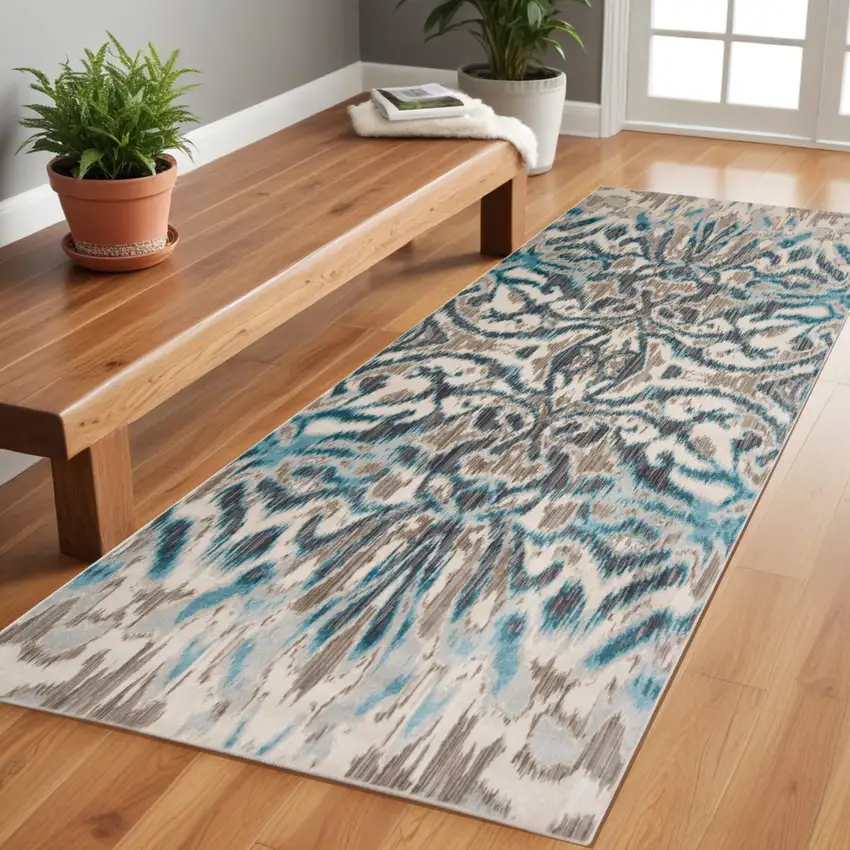 8' Taupe and Blue Abstract Power Loom Runner Rug Photo 1