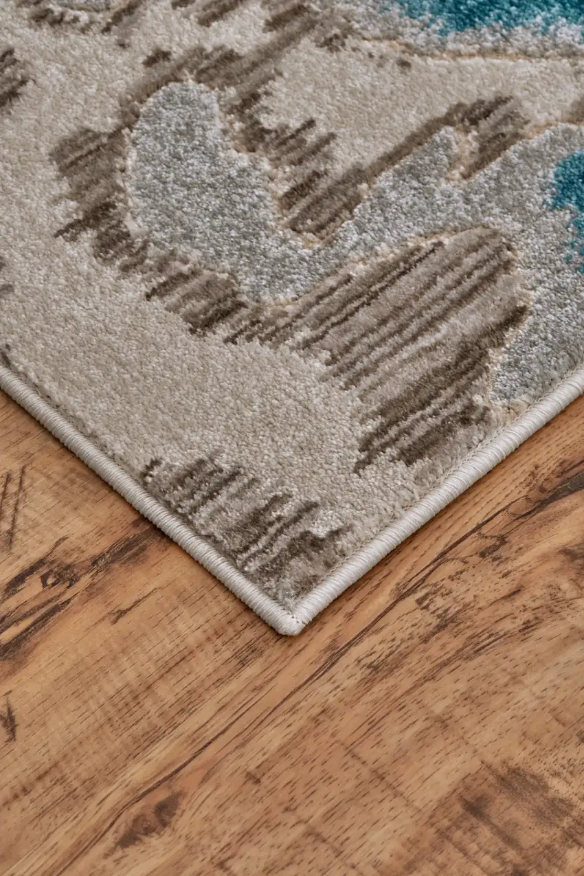 8' Taupe and Blue Abstract Power Loom Runner Rug Photo 8