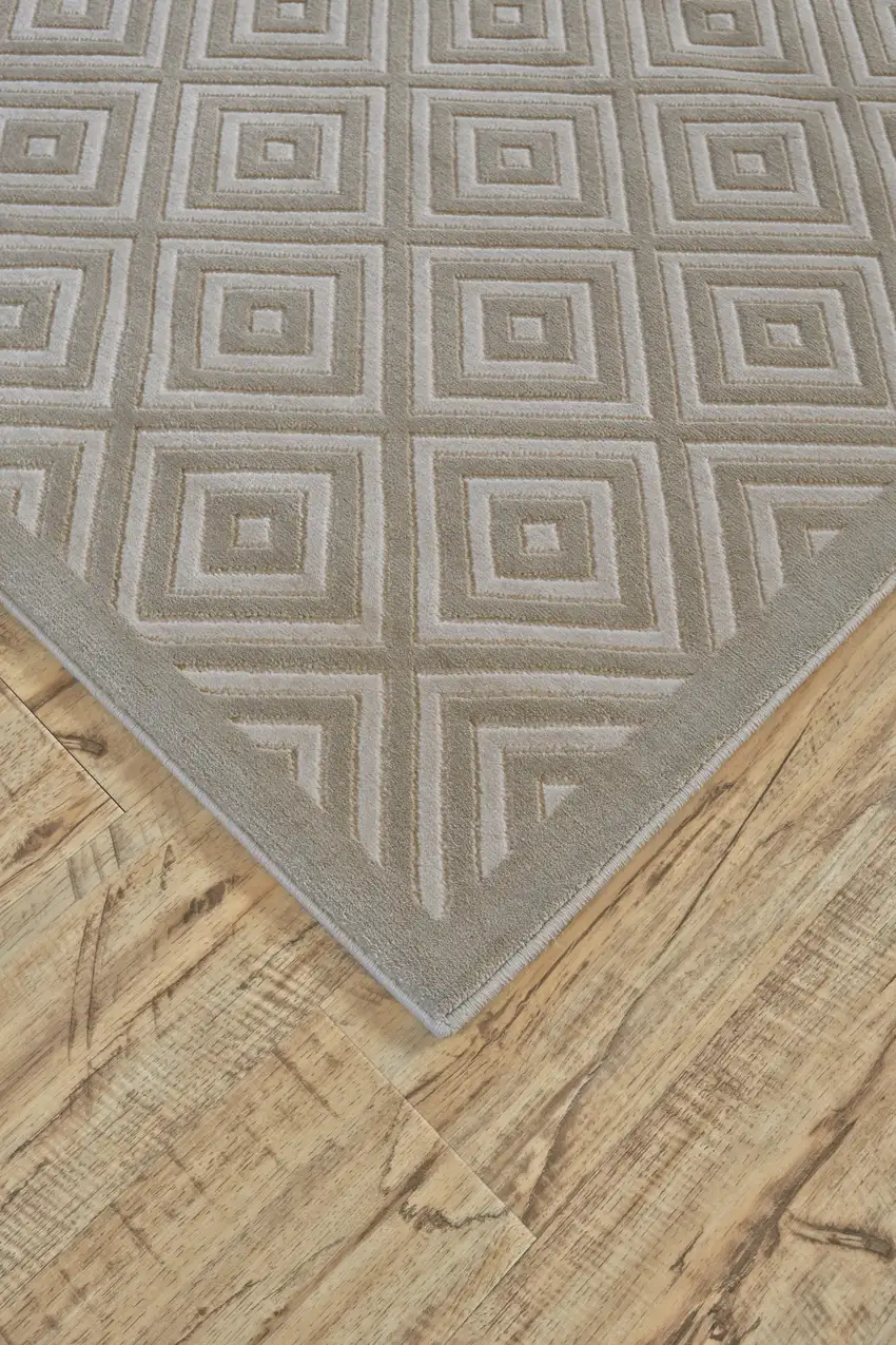 8' Taupe and Gray Geometric Power Loom Runner Rug Photo 4