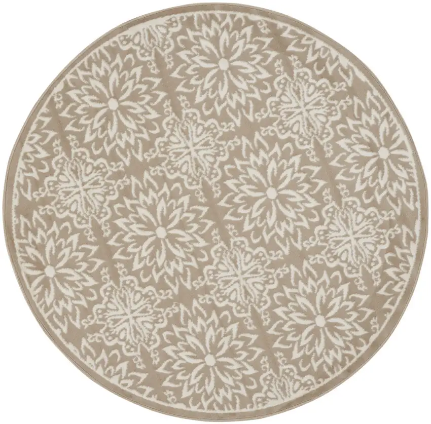 5' Taupe and Ivory Floral Non Skid Round Rug Photo 5