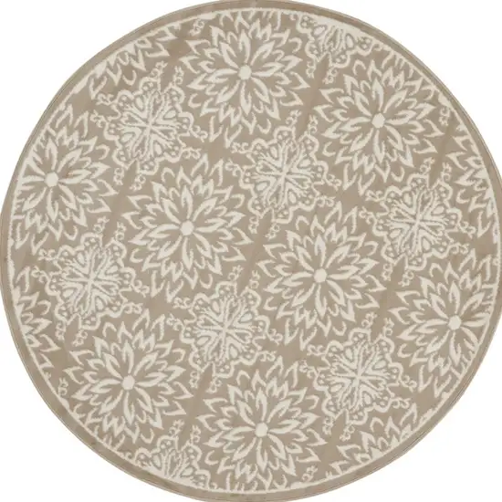 5' Taupe and Ivory Floral Non Skid Round Rug Photo 4