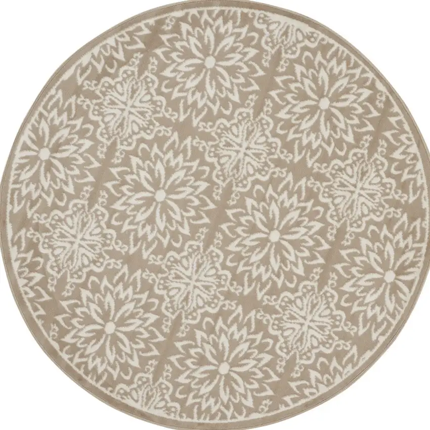 5' Taupe and Ivory Floral Non Skid Round Rug Photo 4