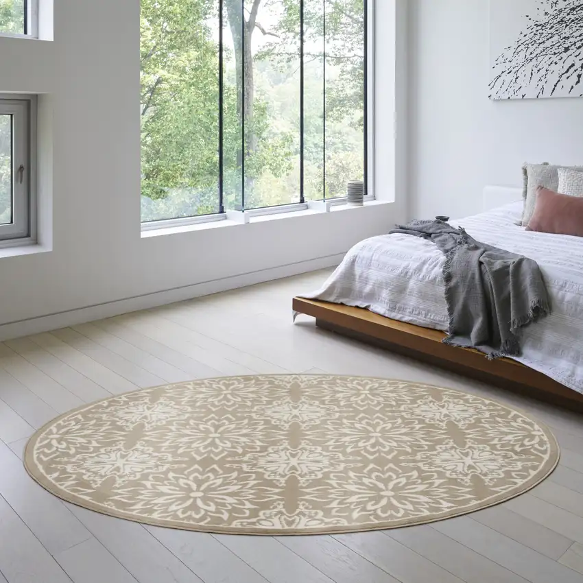 5' Taupe and Ivory Floral Non Skid Round Rug Photo 5