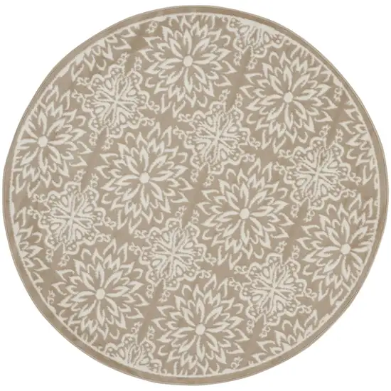 5' Taupe and Ivory Floral Non Skid Round Rug Photo 4
