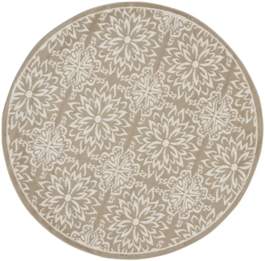 5' Taupe and Ivory Floral Non Skid Round Rug Photo 4