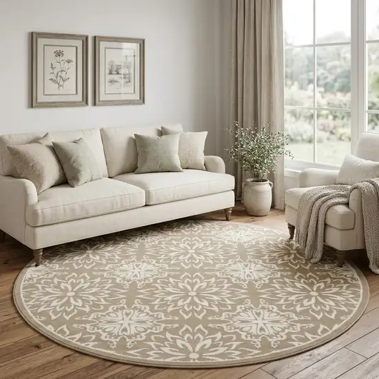 8' Taupe and Ivory Floral Non Skid Round Rug Photo 1