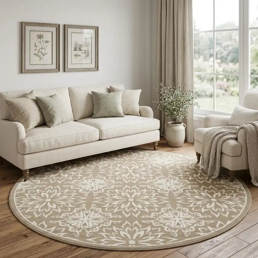 8' Taupe and Ivory Floral Non Skid Round Rug Photo 1