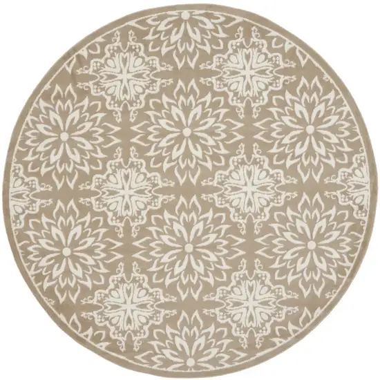8' Taupe and Ivory Floral Non Skid Round Rug Photo 5