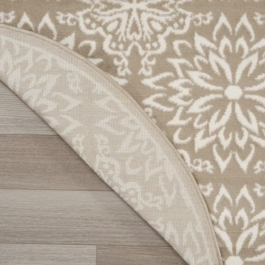 8' Taupe and Ivory Floral Non Skid Round Rug Photo 8