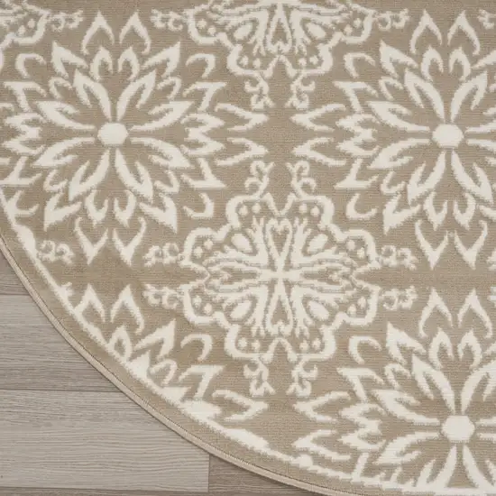 8' Taupe and Ivory Floral Non Skid Round Rug Photo 9