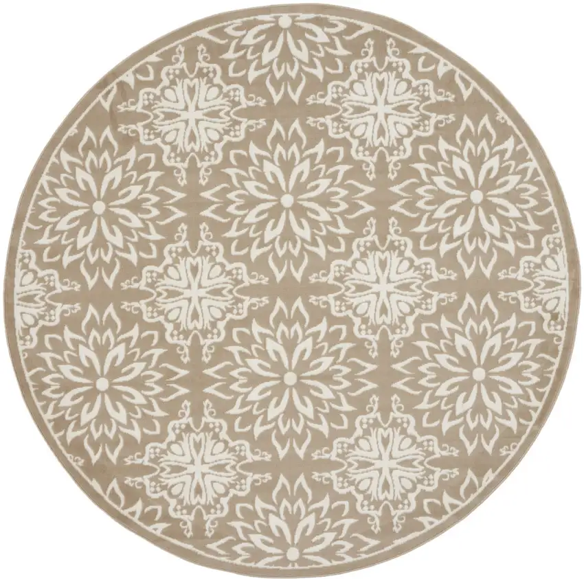 8' Taupe and Ivory Floral Non Skid Round Rug Photo 4