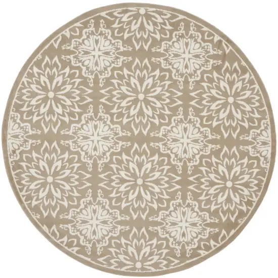 8' Taupe and Ivory Floral Non Skid Round Rug Photo 1