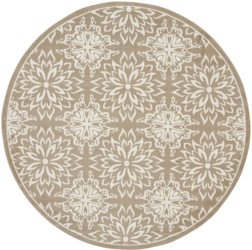 8' Taupe and Ivory Floral Non Skid Round Rug Photo 1