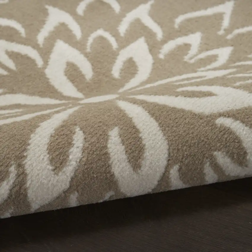 6' Taupe and Ivory Floral Non Skid Runner Rug Photo 9