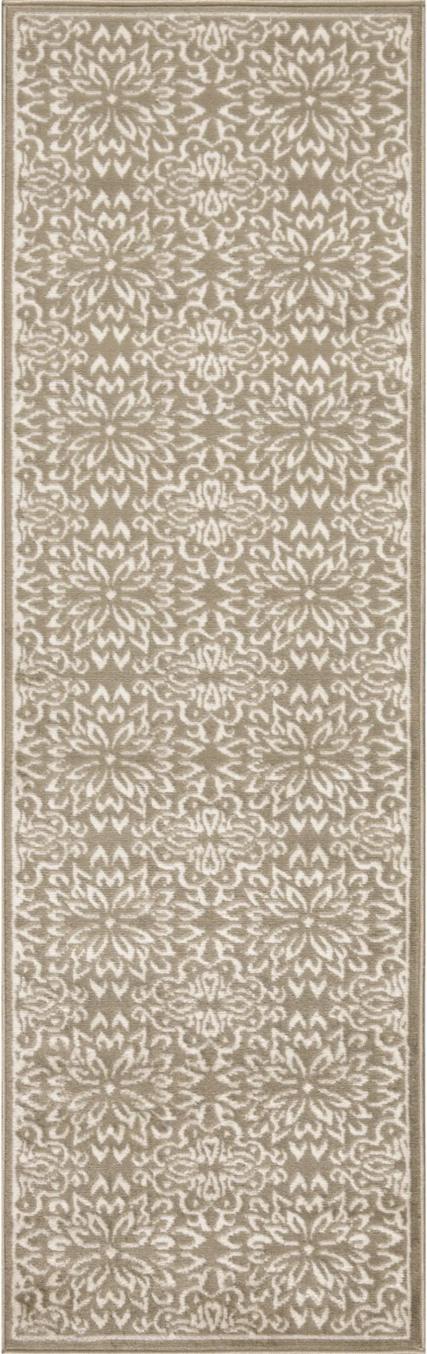 6' Taupe and Ivory Floral Non Skid Runner Rug Photo 5